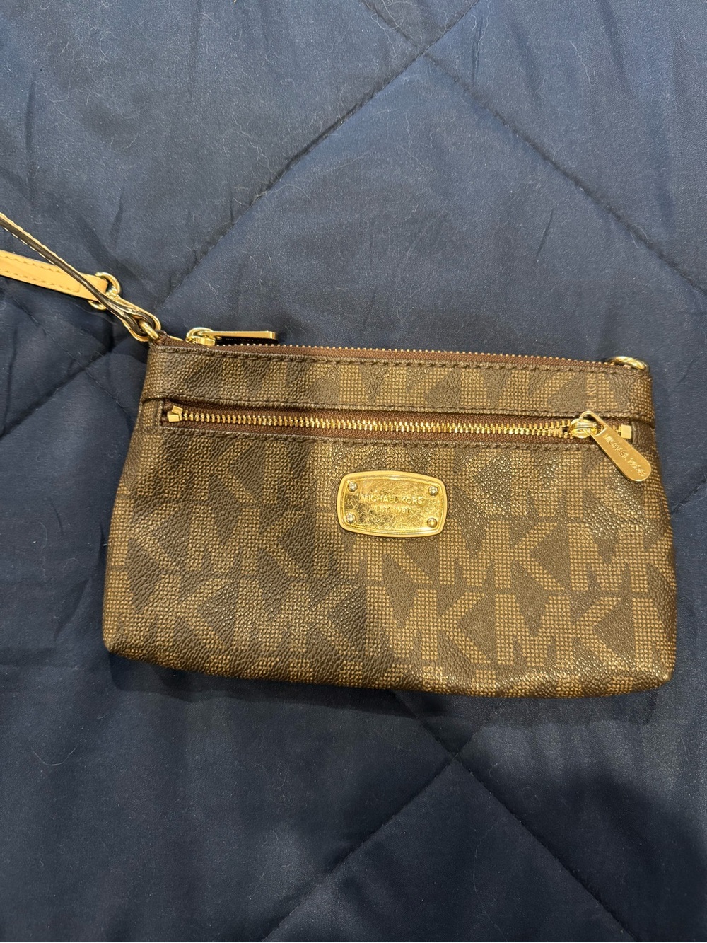 Michael Kors Brown Logo MK Wristlet with Gold Hardware